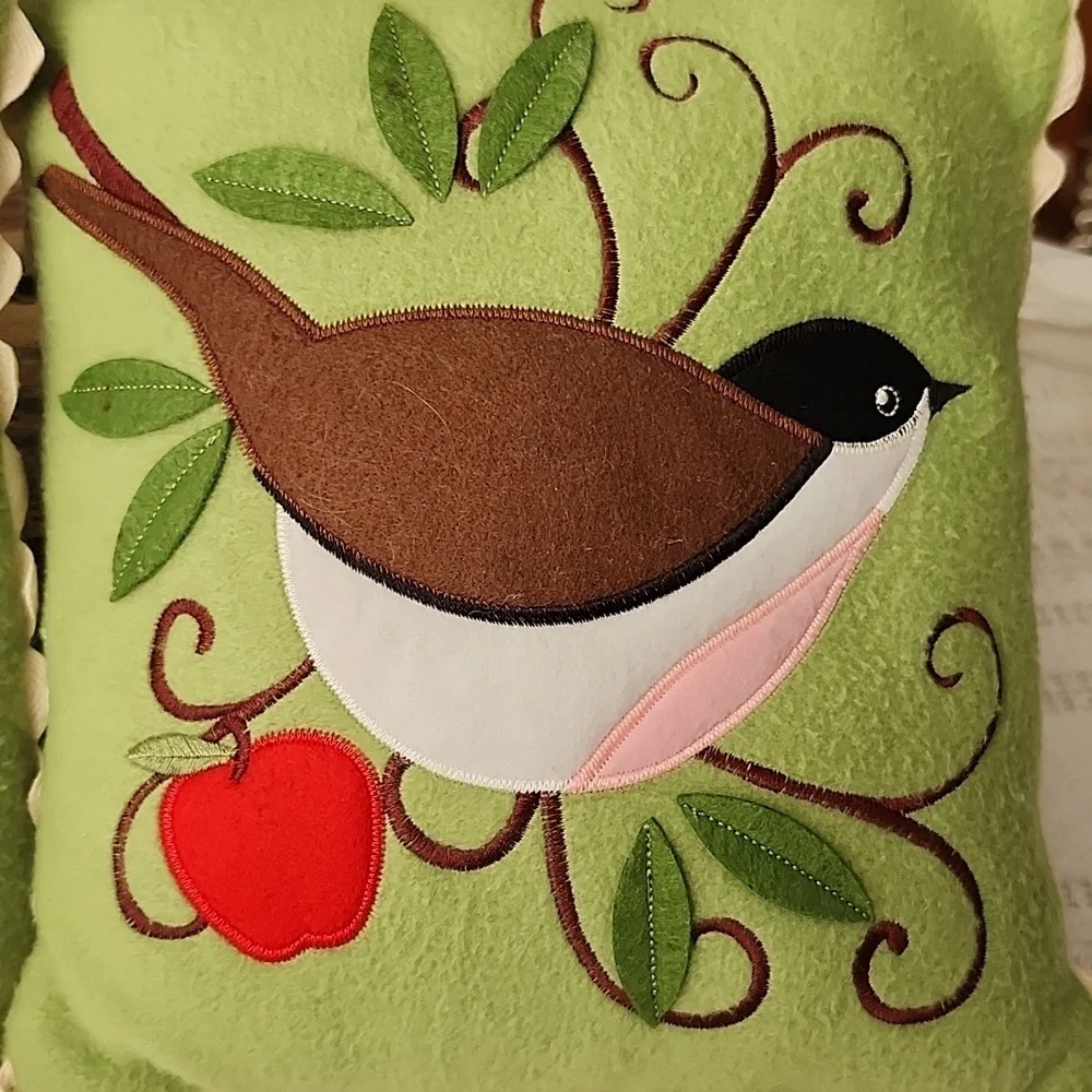 Handmade folk art birds on branch felt embroidered on decorative pillows earthy